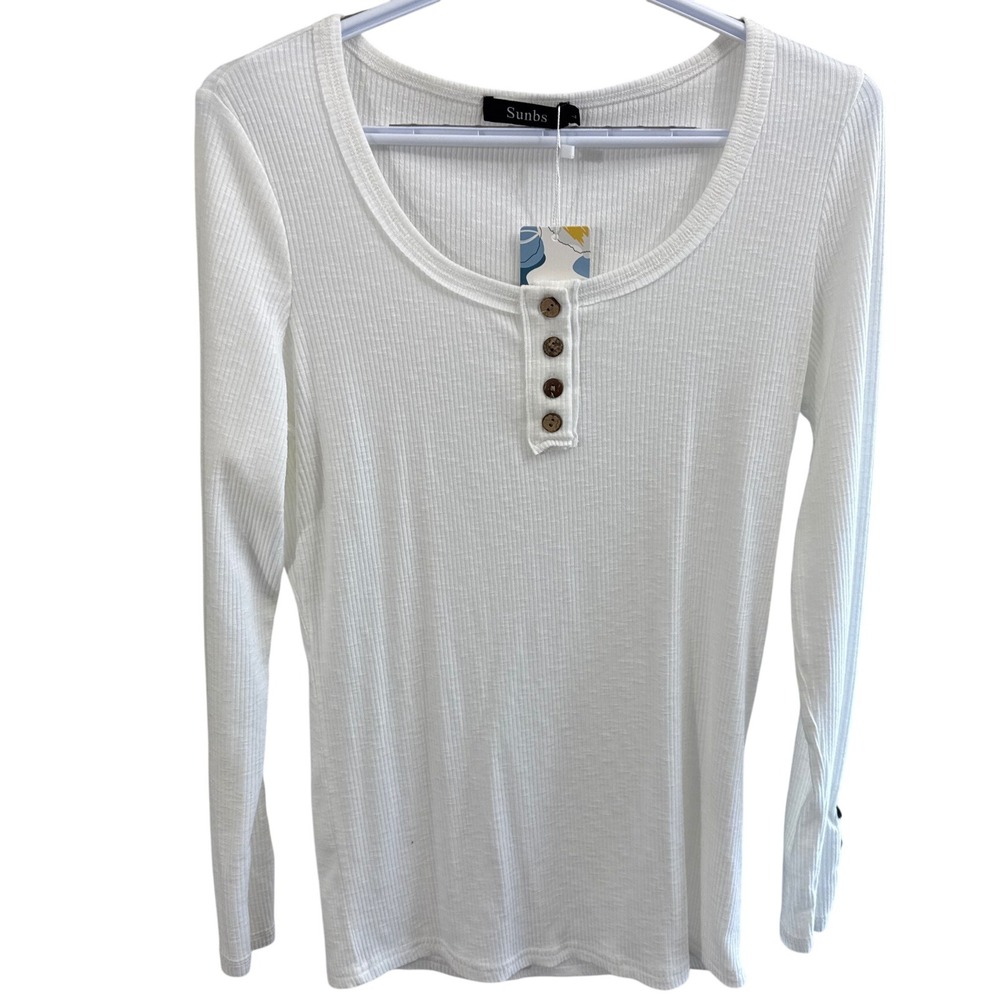 Sunbs Womens White Ribbed Henley Long Sleeve Top Button Cuff EZsb235 Large NWT